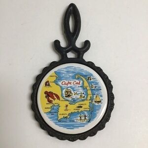 Vintage Cape Cod Trivet Black Cast Iron Ceramic Souvenir Map MA Wall Art USA